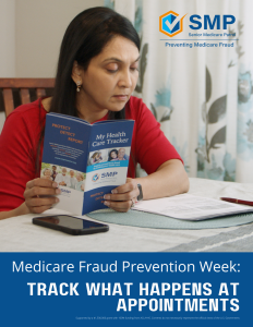 A woman reads a brochure about Medicare fraud prevention at a table, with a focus on tracking appointments.