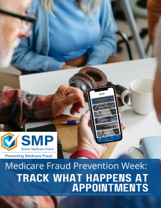 An elderly person is holding a smartphone displaying a tracking app, while another person looks on. Coffee cups are on the table.