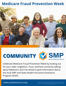 A diverse group of smiling people of various ages poses together, promoting Medicare Fraud Prevention Week and community support.