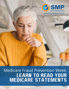 A woman in a yellow sweater looks thoughtfully at a document. Text says Medicare Fraud Prevention Week: Learn to Read Your Medicare Statements
